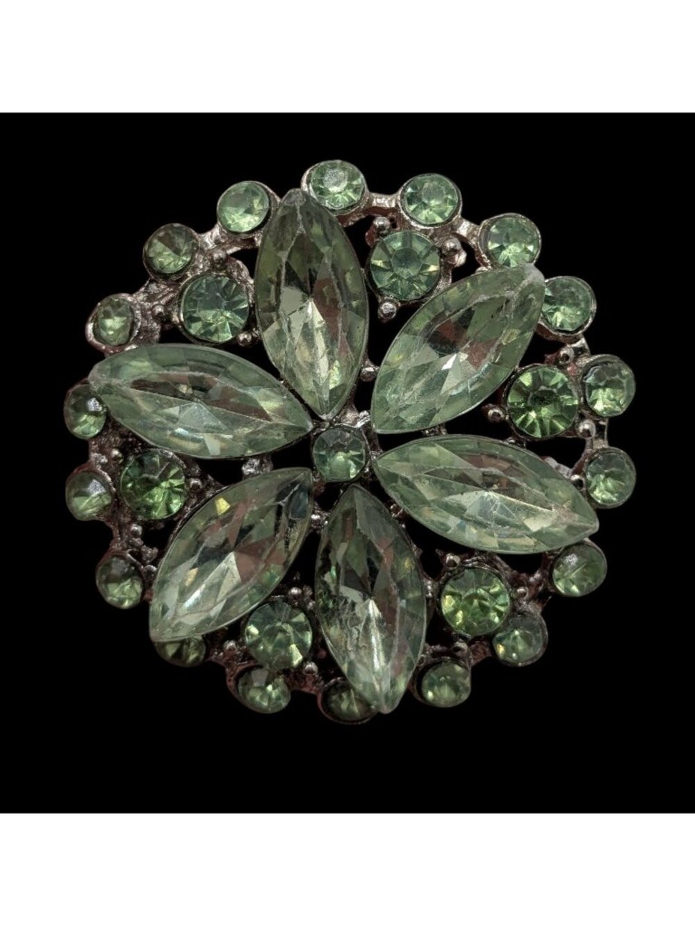 Vintage Green Floral Brooch Mid Century Gemmed Flower Pin Glam Statement Jewelry